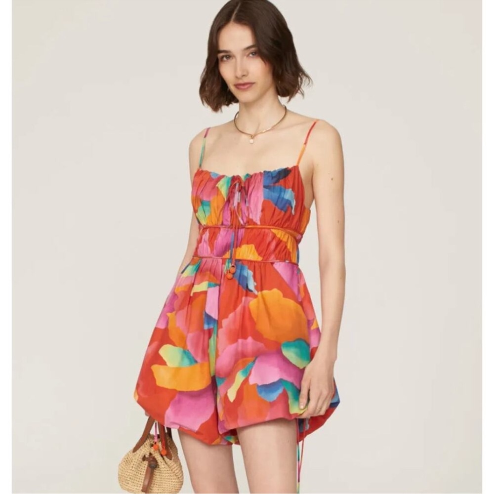 Farm Rio Romper Womens Medium Red Floral Ombre Chita Poplin Bubble Hem